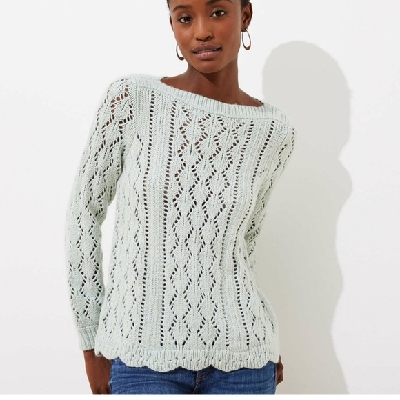 LOFT Sweaters - LOFT Mint Green Pointelle Sweater Open Knit Boat Neck Scallop Hem Small